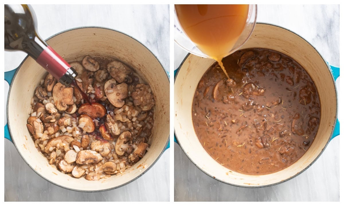 Adding soup and beef broth to a pot with onions, mushrooms, seasonings, and garlic to make Beef Stroganoff Soup.