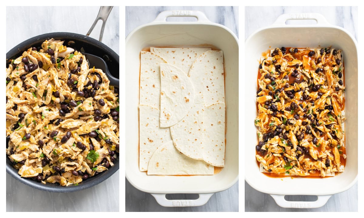 A skillet of cooked chicken and black beans next to a casserole dish of flour tortillas and a casserole dish with chicken and black beans.