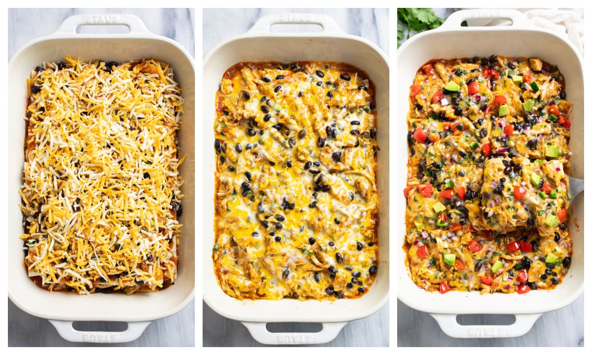 3 casserole dishes of chicken enchilada casserole. One before being baked, one after being baked, one after being garnished and sliced.