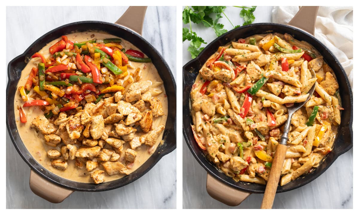 Adding peppers and chicken to sauce and pasta to make Chicken Fajita Pasta.
