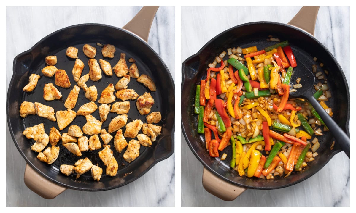 A skillet of cooked diced chicken next to a skillet of seasoned and cooked onions and peppers.
