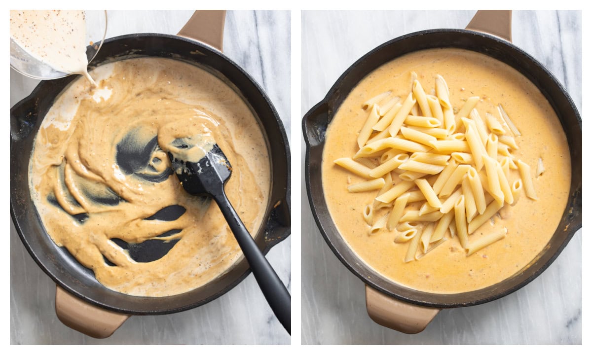 Adding sauce to a skillet next to another skillet with penne being added.