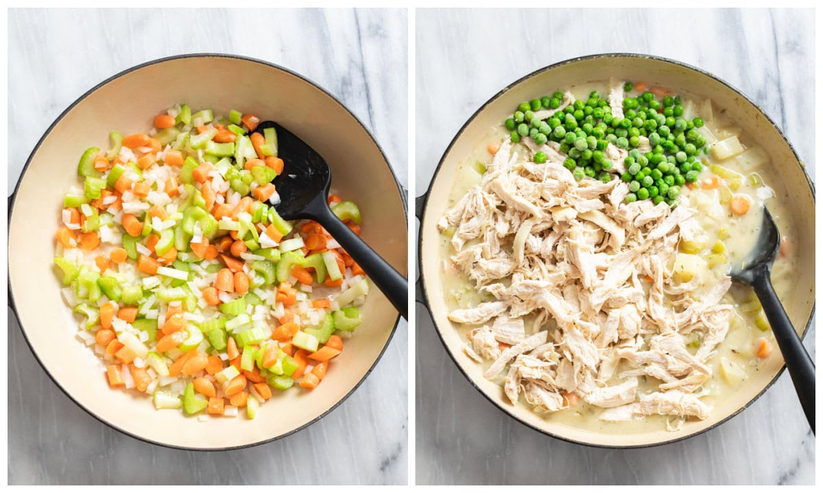 A skillet with a mirepoix next to a skillet with chicken and peas being added to chicken pot pie filling.