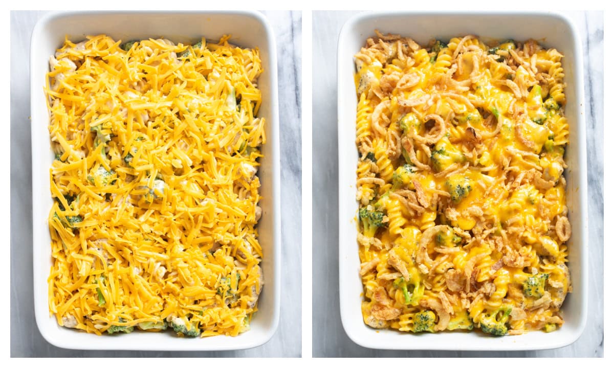 A Chicken and Broccoli Pasta Bake in a casserole dish before and after being baked.