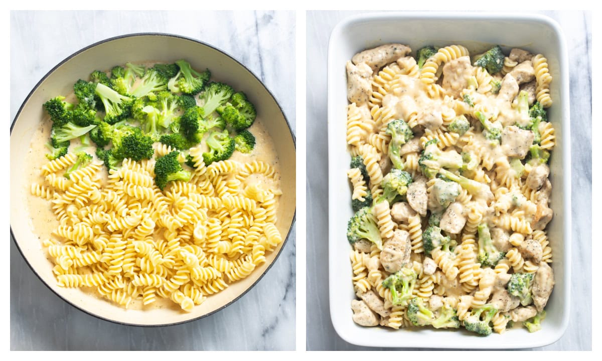 A skillet with broccoli and pasta being added to cheese sauce next to a casserole dish with chicken, broccoli, pasta, and sauce.