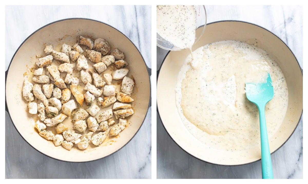 A skillet with seared bites of chicken next to a skillet with a cheese sauce being made.