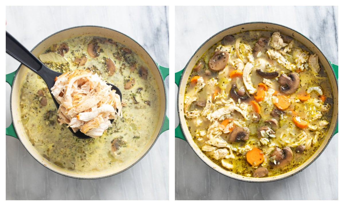 Adding shredded chicken to a pot of Chicken and Mushroom Soup.