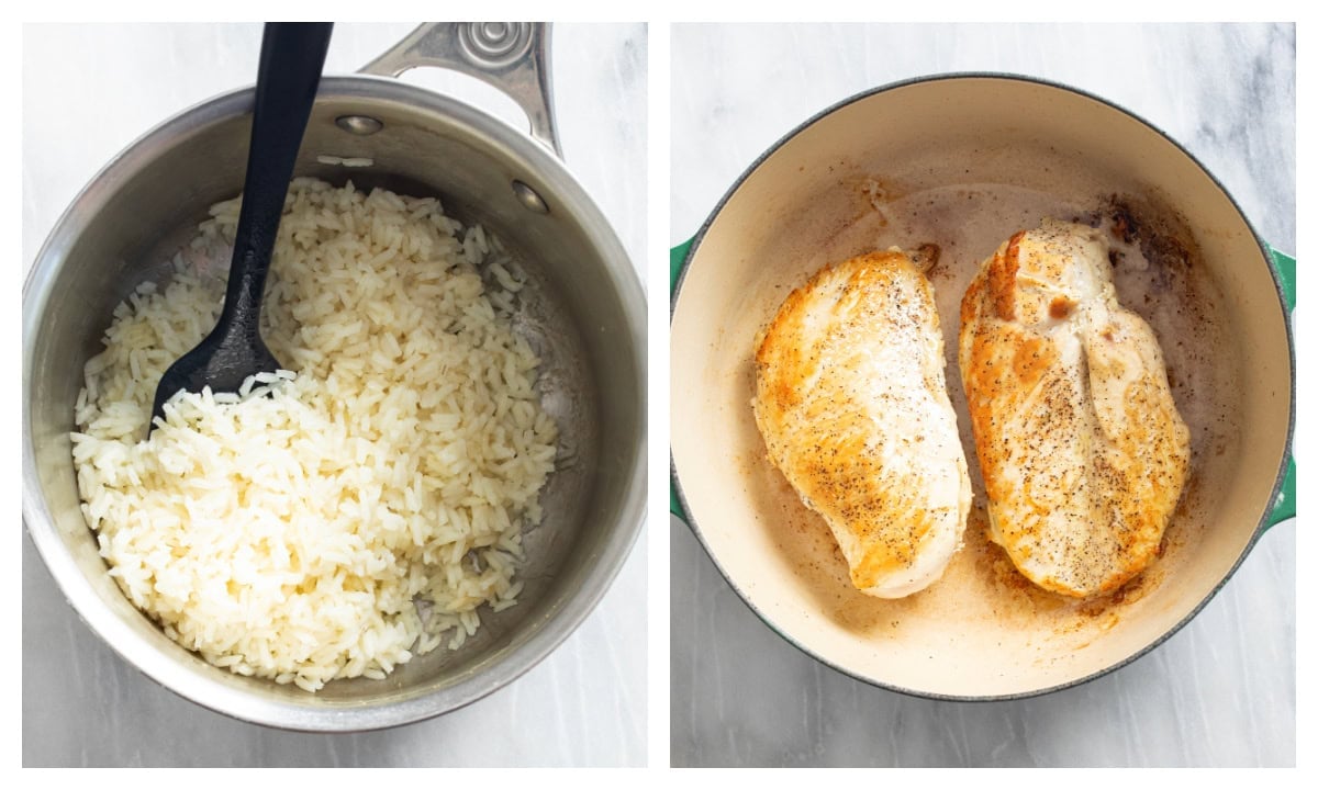 A pot of cooked white rice next to a pot of seared chicken breasts.