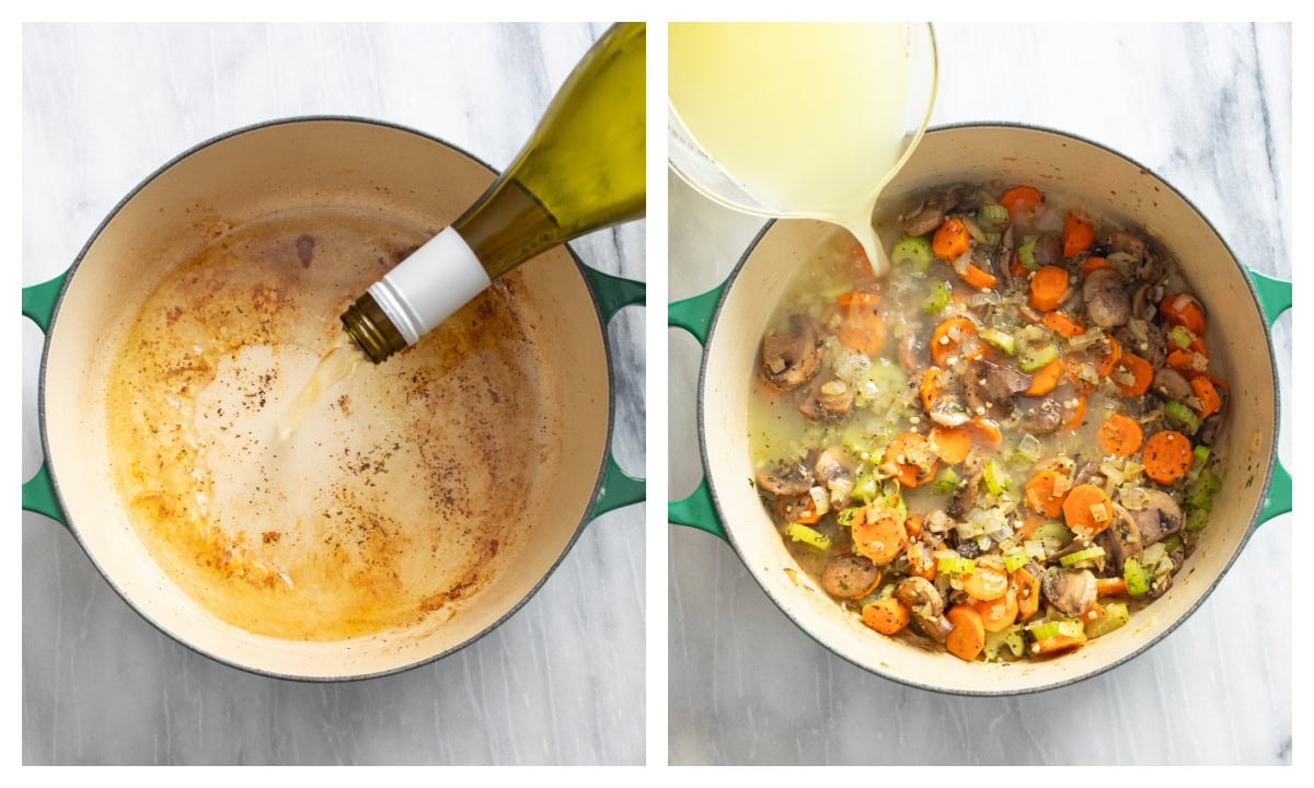 A pot being deglazed with white wine next to a pot with broth being added to a mirepoix with mushrooms and garlic.