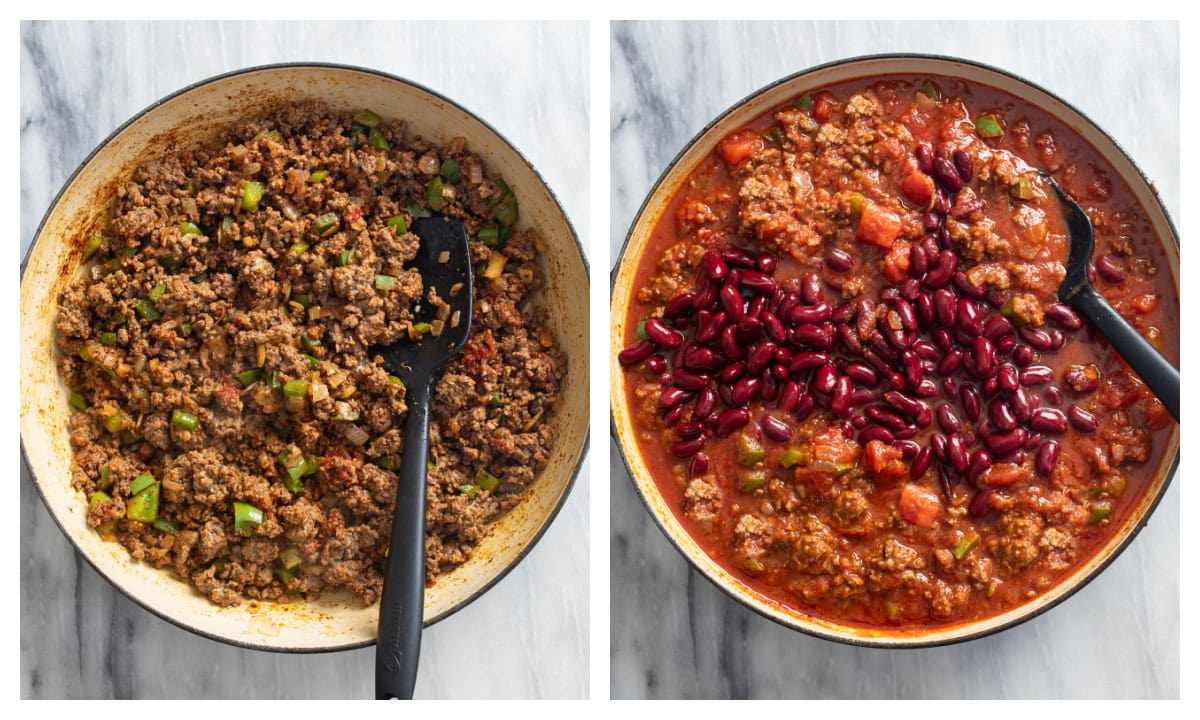 A pot of cooked and seasoned ground beef with onions and peppers next to a skillet with kidney beans being added to chili.