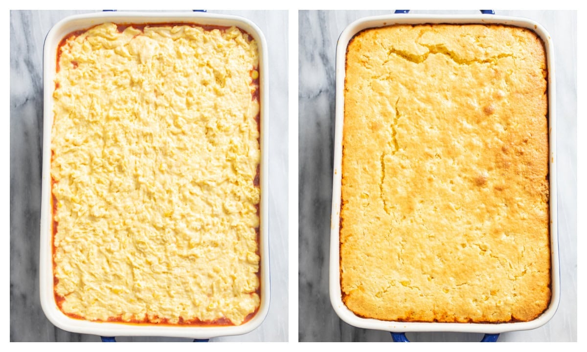 Chili Cornbread Casserole in a baking dish before and after being baked.