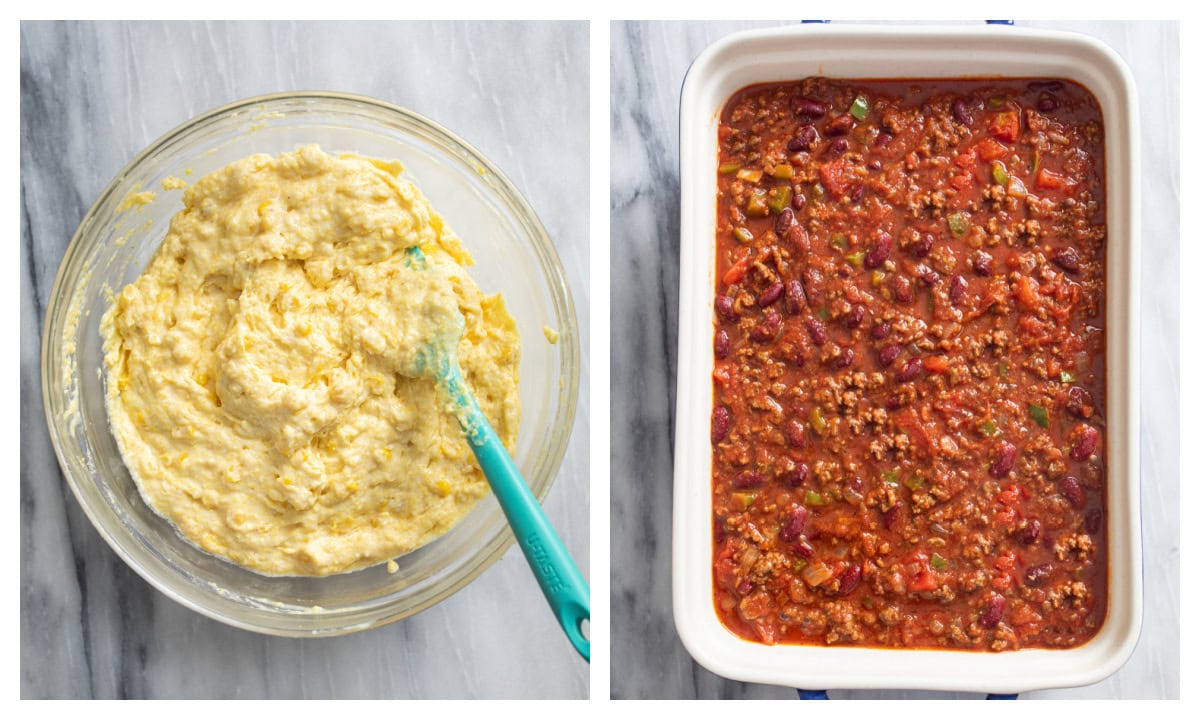A bowl of cornbread mixture next to a casserole dish filled with chili.