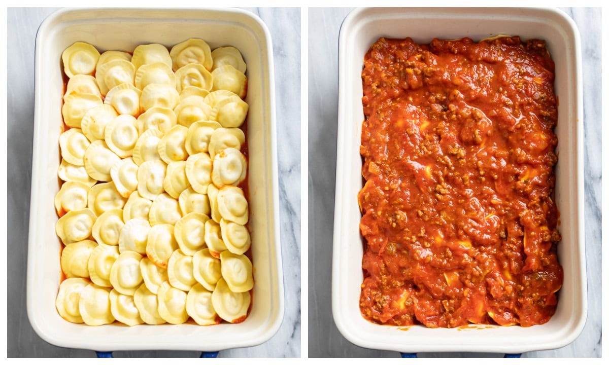A casserole dish with ravioli next to a casserole dish with meat sauce.