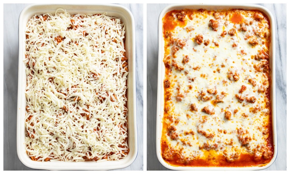 A casserole dish of Ravioli Lasagna before and after being baked.