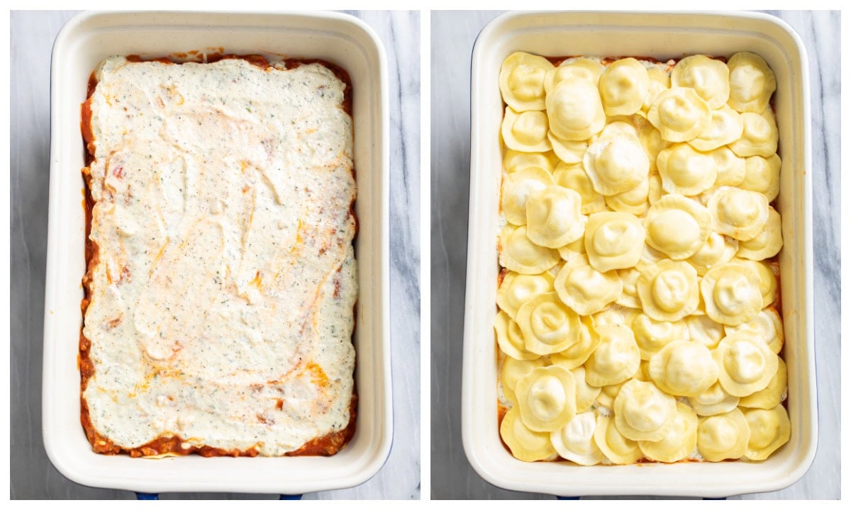 Ravioli Lasagna being assembled with a layer of ricotta cheese topped with ravioli.
