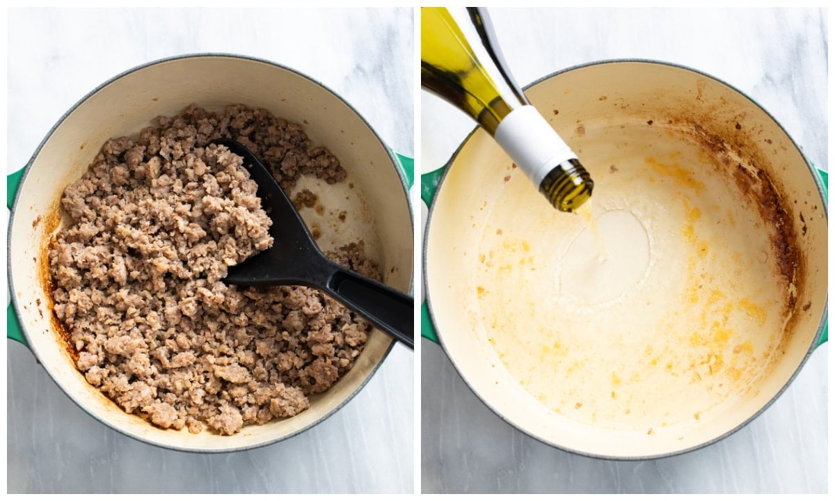 A pot with cooked ground sausage next to a soup pot being deglazed with white wine.