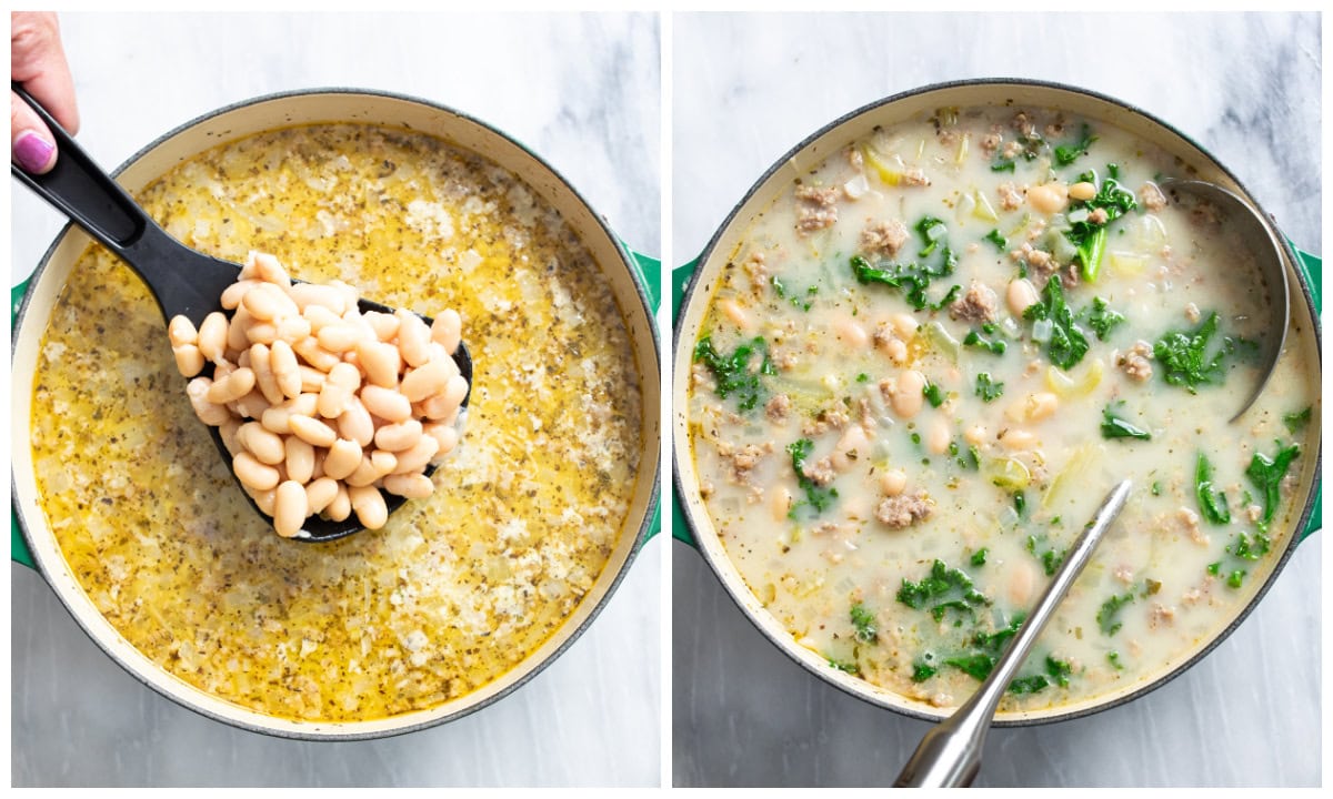 Adding white beans to a soup pot filled with Sausage and White Bean Soup.