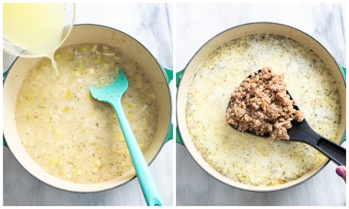 Adding broth and sausage to a pot to make Sausage and White Bean Soup.
