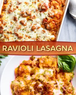 A collage of Ravioli Lasagna in a casserole dish and in a white bowl.