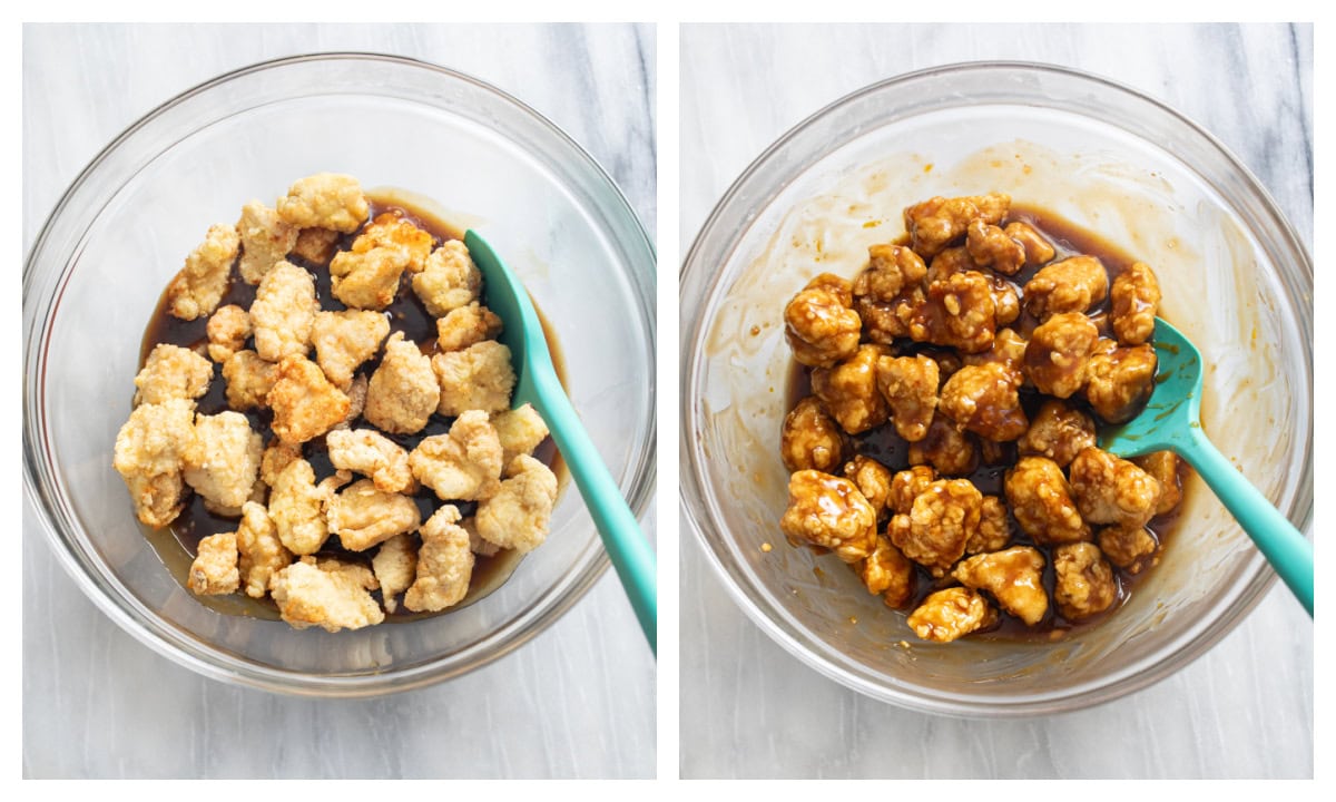 A glass bowl of fried chicken pieces before and after being tossed in orange sauce.