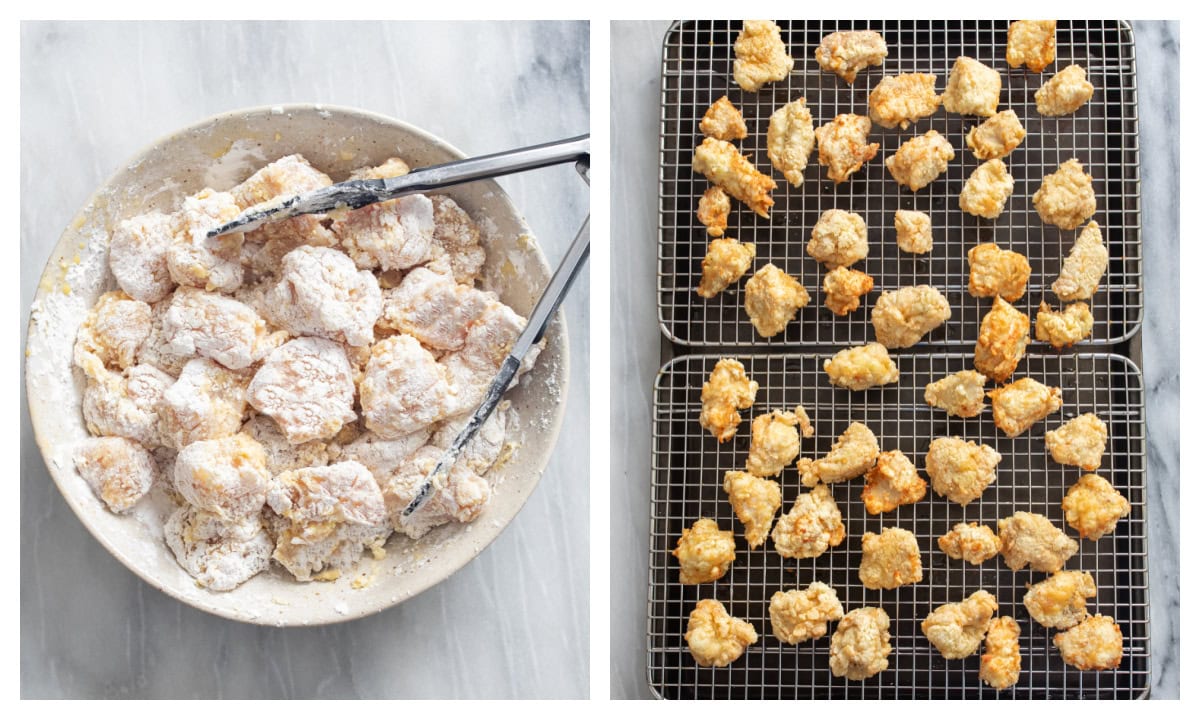 A bowl of breaded chicken next to cooling racks of fried chicken pieces.