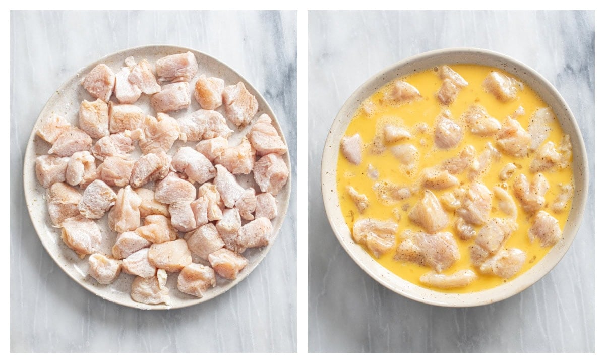 A plate of cubed, uncooked chicken next to a bowl of chicken tossed in whisked eggs.