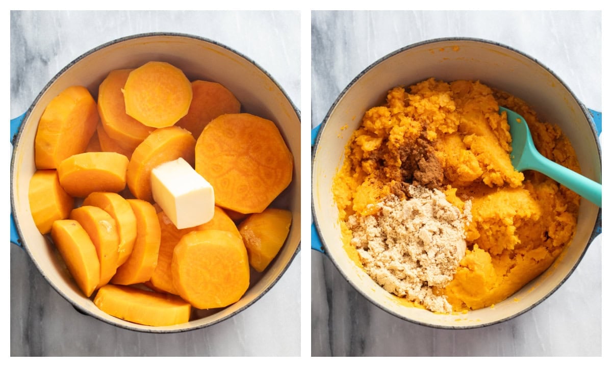A pot of sliced sweet potatoes with butter on top next to a pot of mashed sweet potatoes with brown sugar and seasonings.