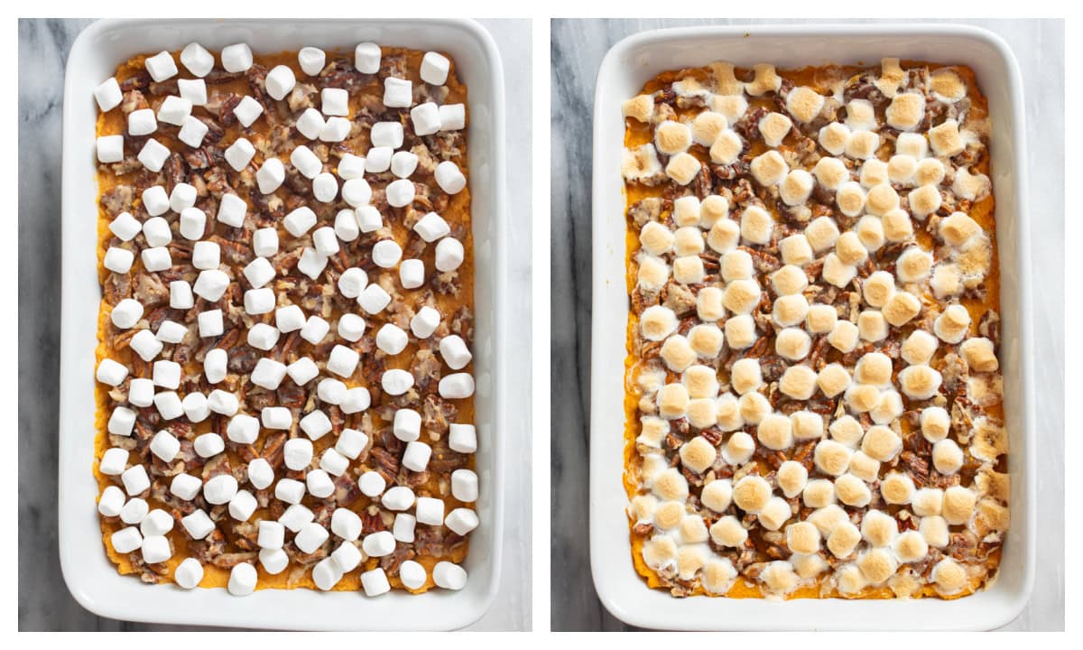 Sweet Potato Casserole with marshmallows on top in a baking dish before and after baking.