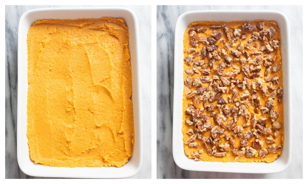 Sweet mashed potatoes in a casserole dish next to a casserole dish with it topped with pecans and a brown sugar mixture.