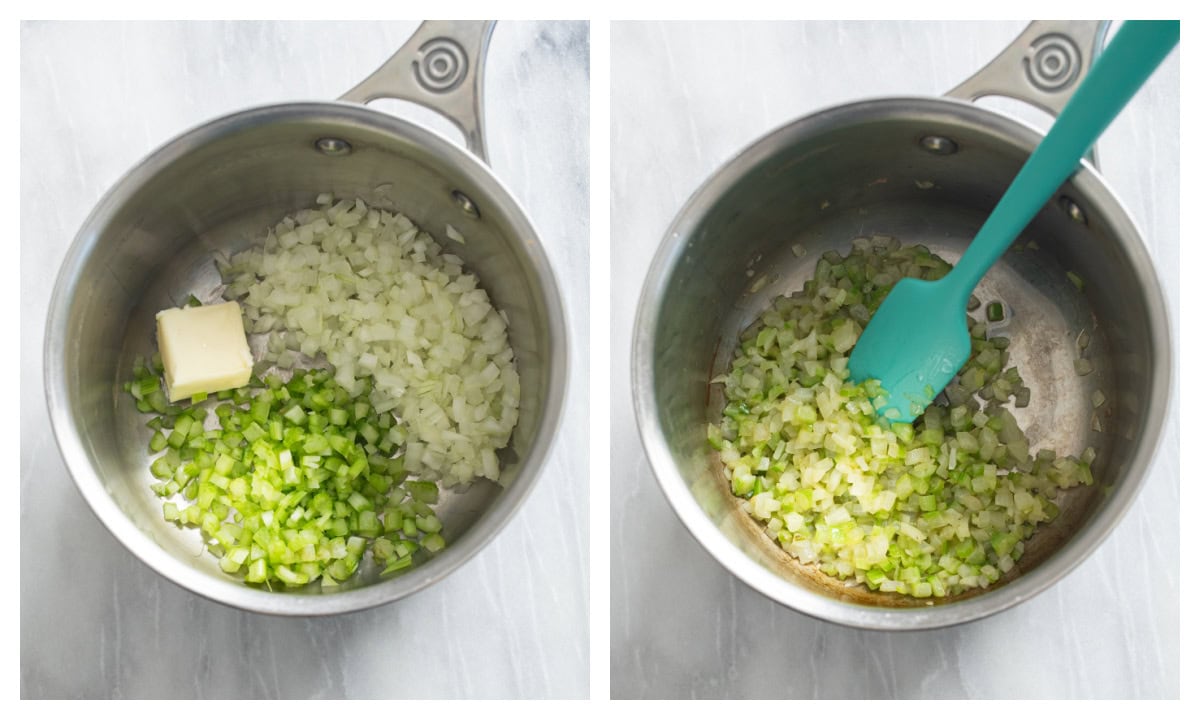 A skillet with uncooked onions, celery, and butter next to a skillet after they've been softened.