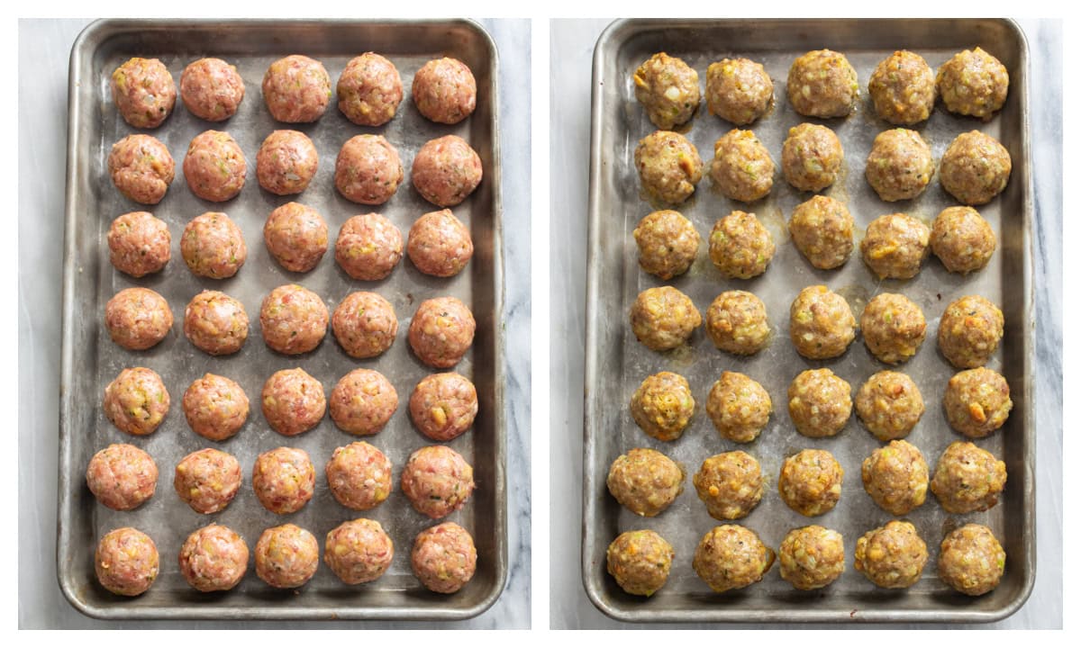 A baking sheet with uncooked Turkey and Stuffing Meatballs next to a sheet of cooked meatballs.