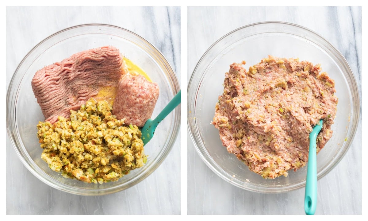 A mixing bowl before and after turkey and stuffing meatball ingredients have been mixed together.