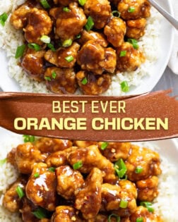 A collage of Orange Chicken on a white plate with rice and green onions.