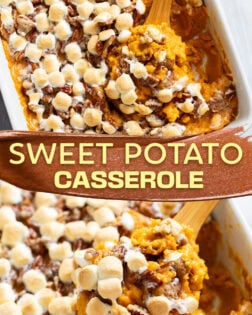 A collage of Sweet Potato Casserole with a label in the middle.