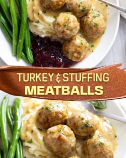 A collage of Turkey and Stuffing Meatballs on a white plate with potatoes and cranberry sauce.