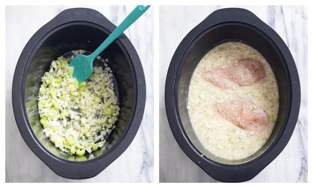 A crock pot with onions and celery next to a crock pot with uncooked chicken breasts in chicken broth with seasonings.