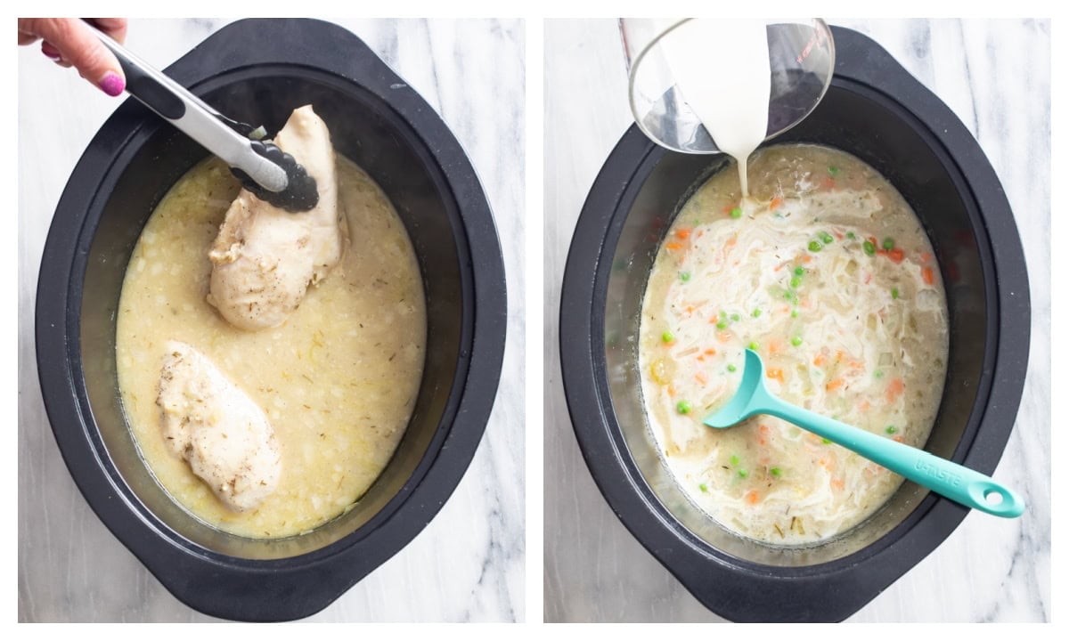 A crock pot with cooked chicken breasts being removed next to a crock pot with heavy cream and vegetables being added.
