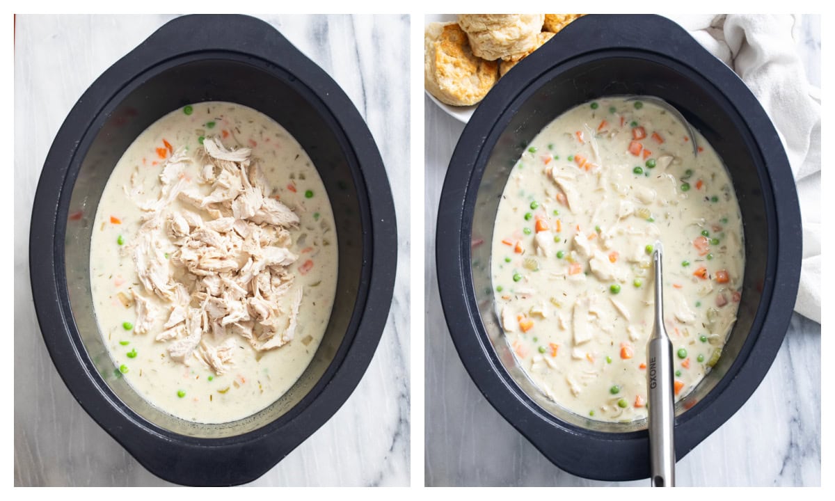 Adding shredded chicken to a crock pot to make crock pot chicken pot pie.