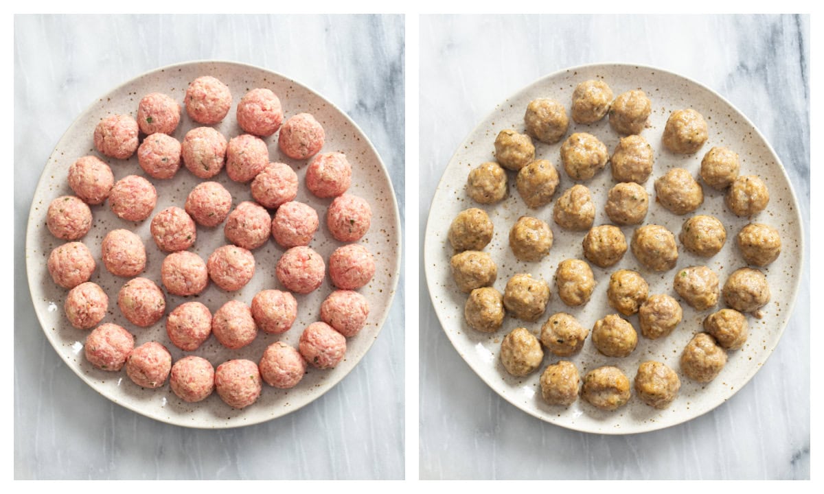 A plate of uncooked meatballs next to a plate of cooked meatballs.