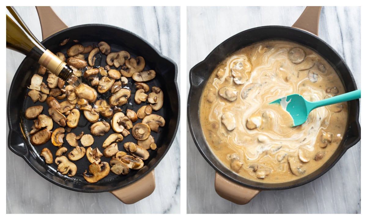 A skillet of browned mushrooms with wine being added next to a skillet with a creamy stroganoff sauce.