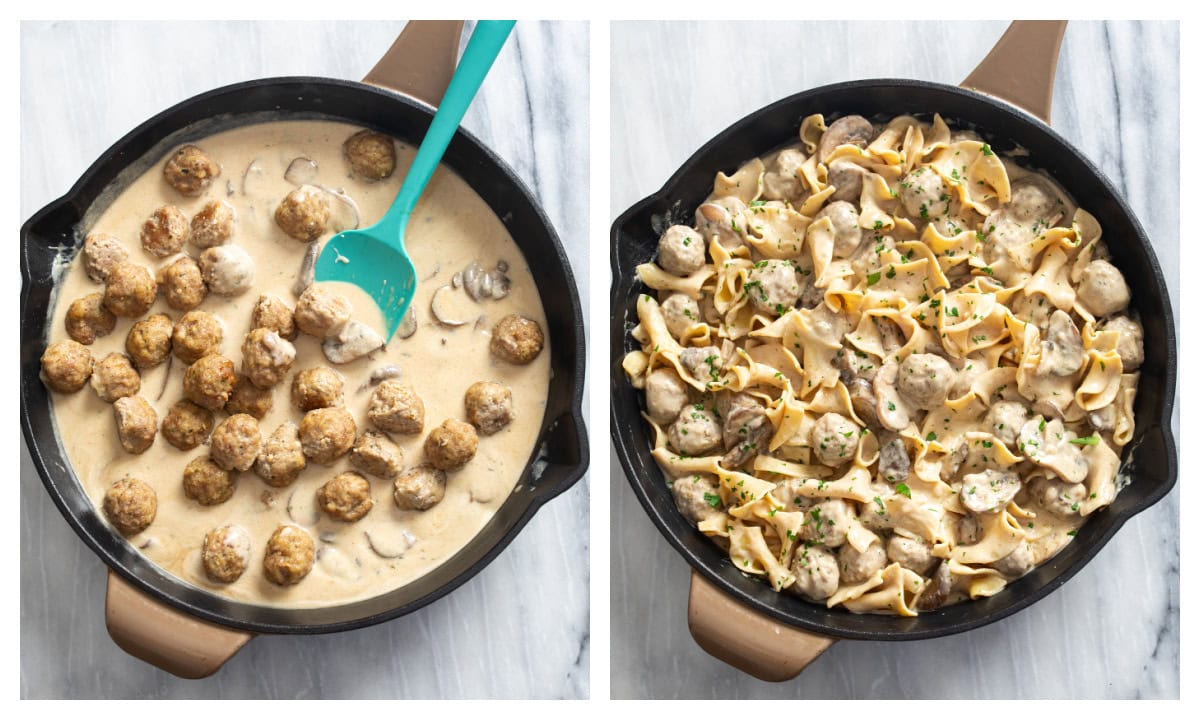 Adding meatballs and egg noodles to a skillet of stroganoff sauce with mushrooms.