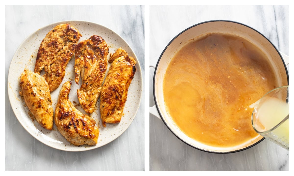 A plate of seared marinated chicken next to a skillet with sauce being created with wine, broth, half and half, and Greek dressing.