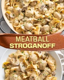A collage of Meatball Stroganoff in a skillet and in a white bowl.