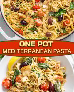 A collage of Mediterranean Pasta in a skillet and in white bowl with a label in the middle.