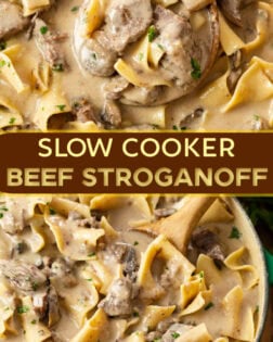 A collage of Slow Cooker Beef Stroganoff in a pot with a wooden spoon.