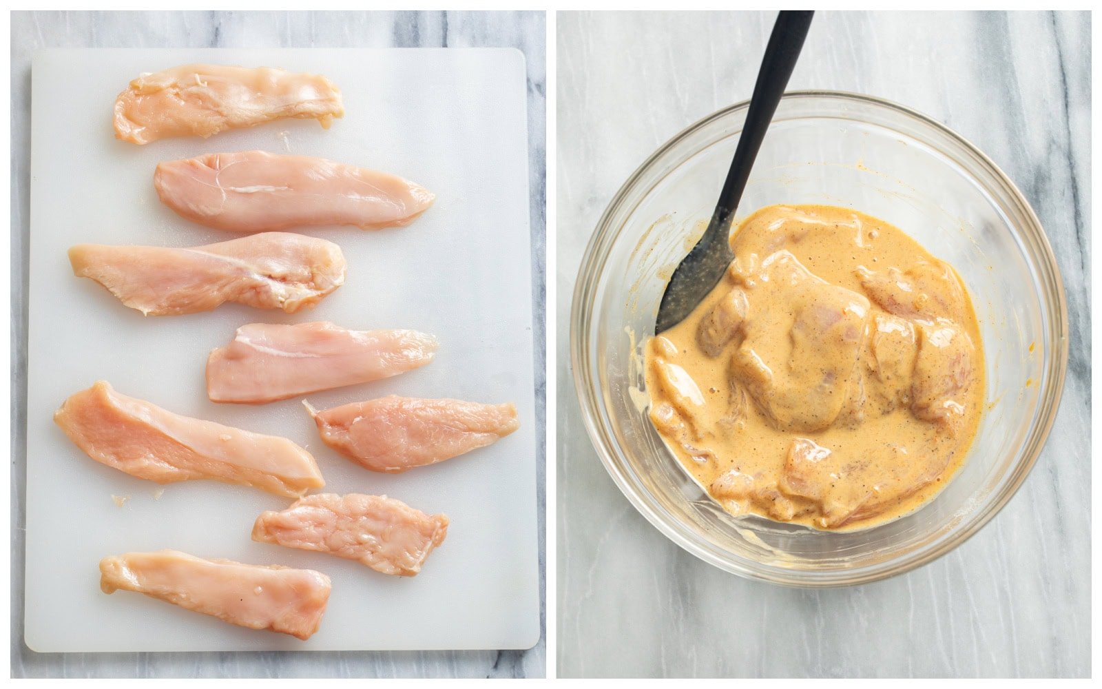 Sliced chicken tenders on a white cutting board next to a bowl of chicken being marinaded in batter.