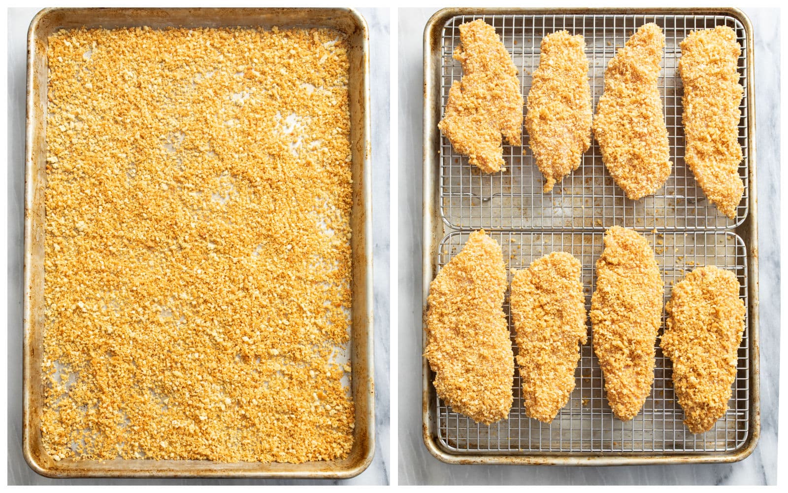 Toasted panko breadcrumbs on a baking sheet next to breaded chicken tenders before being baked.