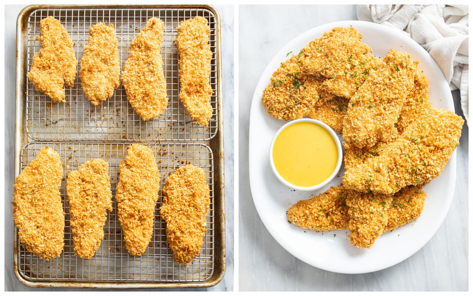 Baked Chicken Tenders on a wire cooling rack over a baking sheet next to a white platter of baked chicken tenders.