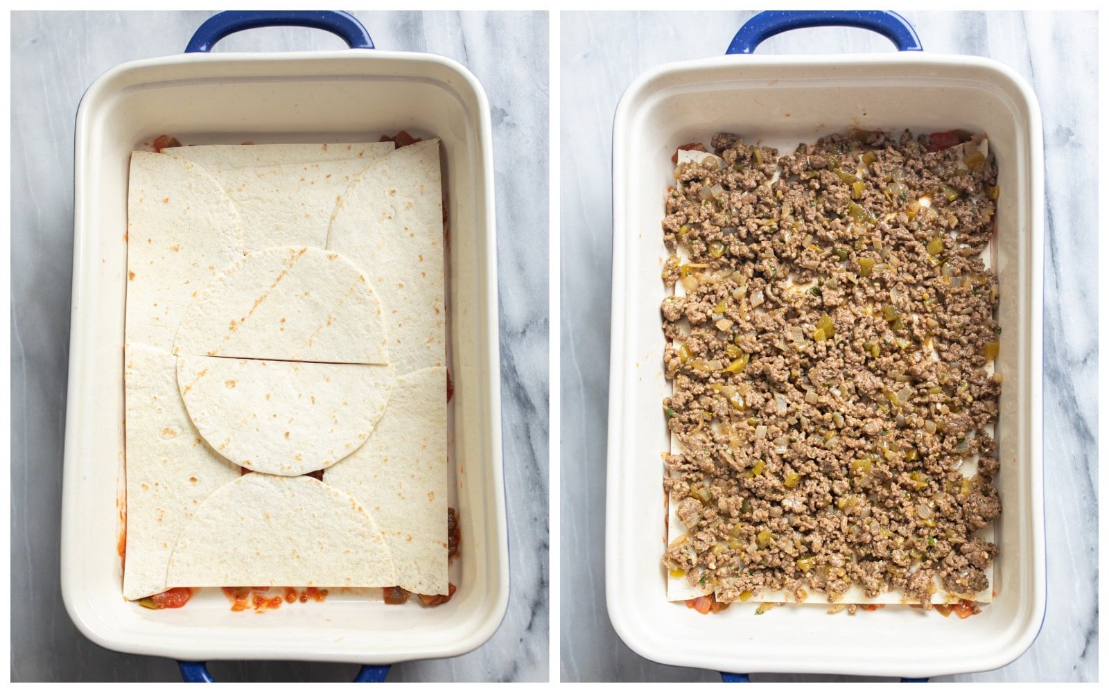 Sliced flour tortillas on the bottom of a casserole dish with seasoned ground beef on top.
