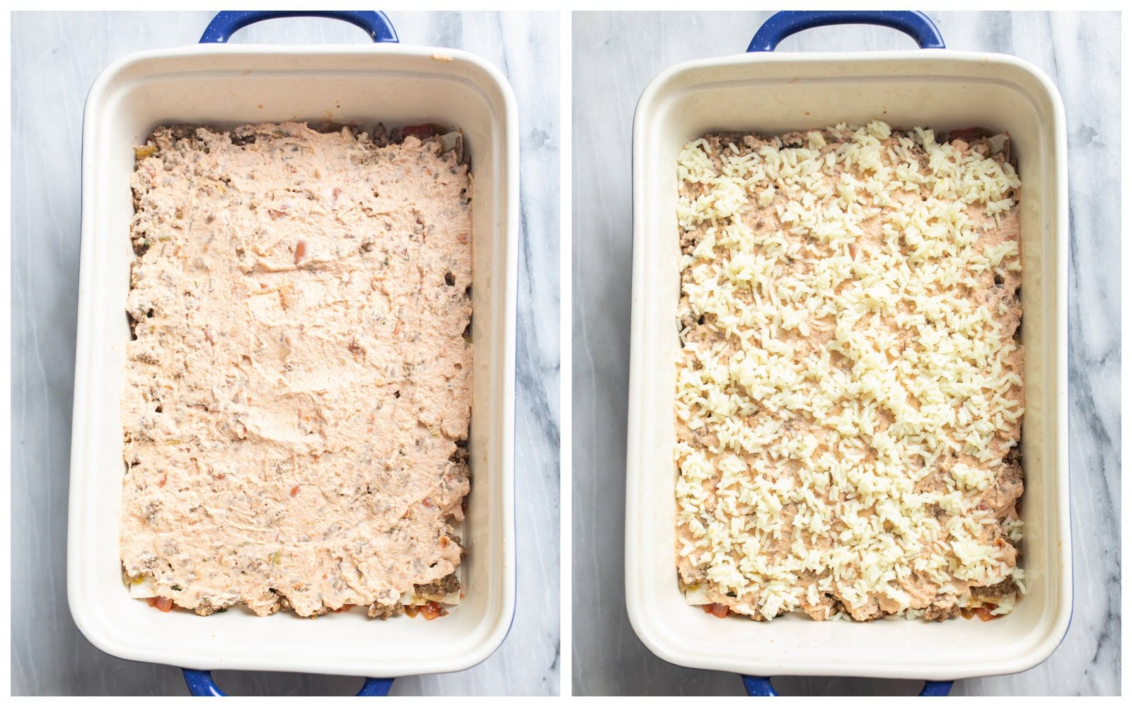 A casserole dish with refried beans and sour cream topped with cooked rice.